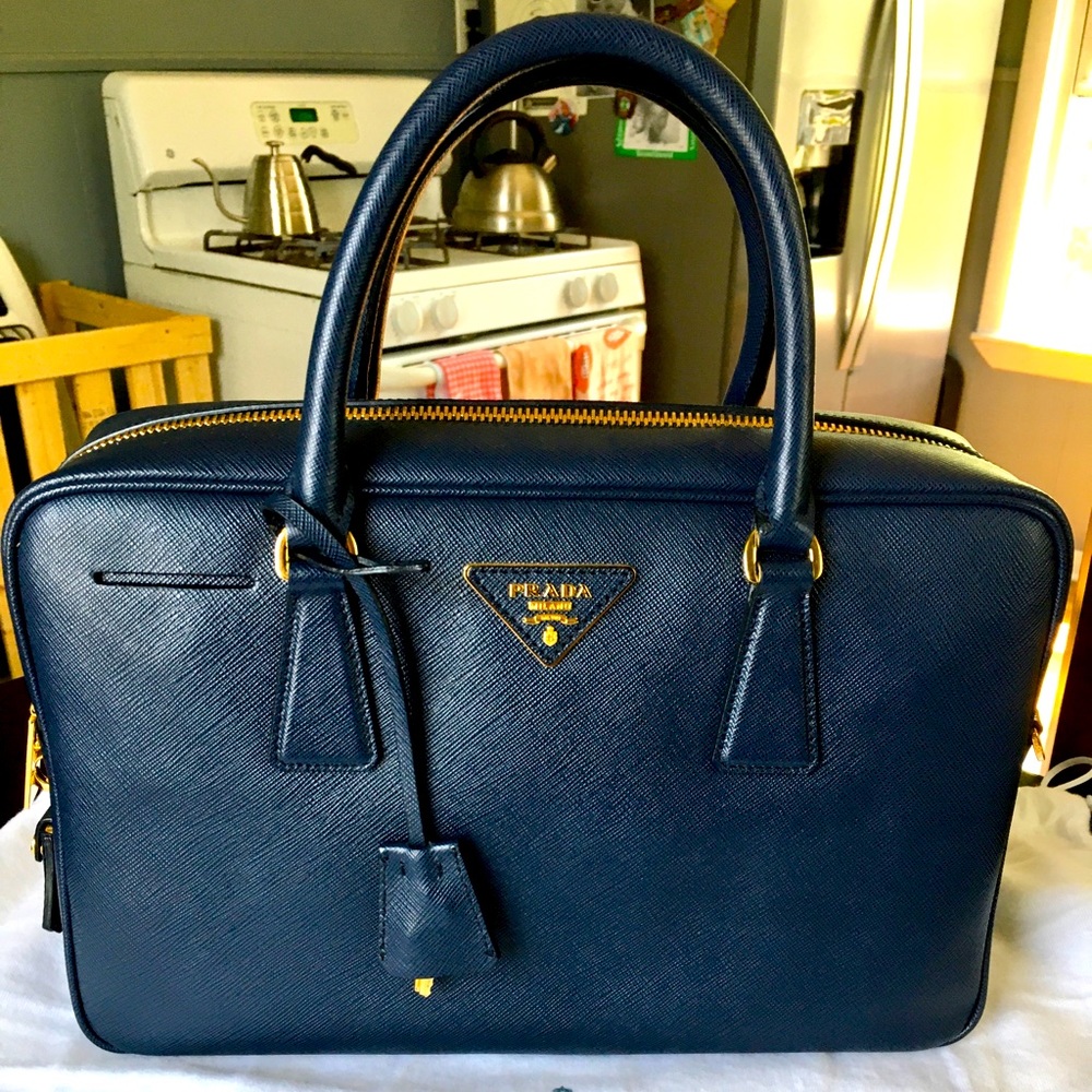 Prada Top Handle Saffiano Leather Bag Navy Blue